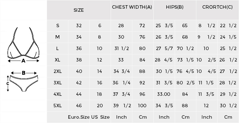 Bra and panties size chart with measurements in centimeters and inches.