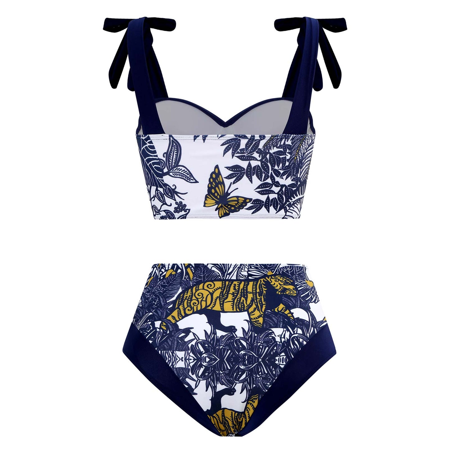Navy and white bikini set with butterfly and tiger design on a white background