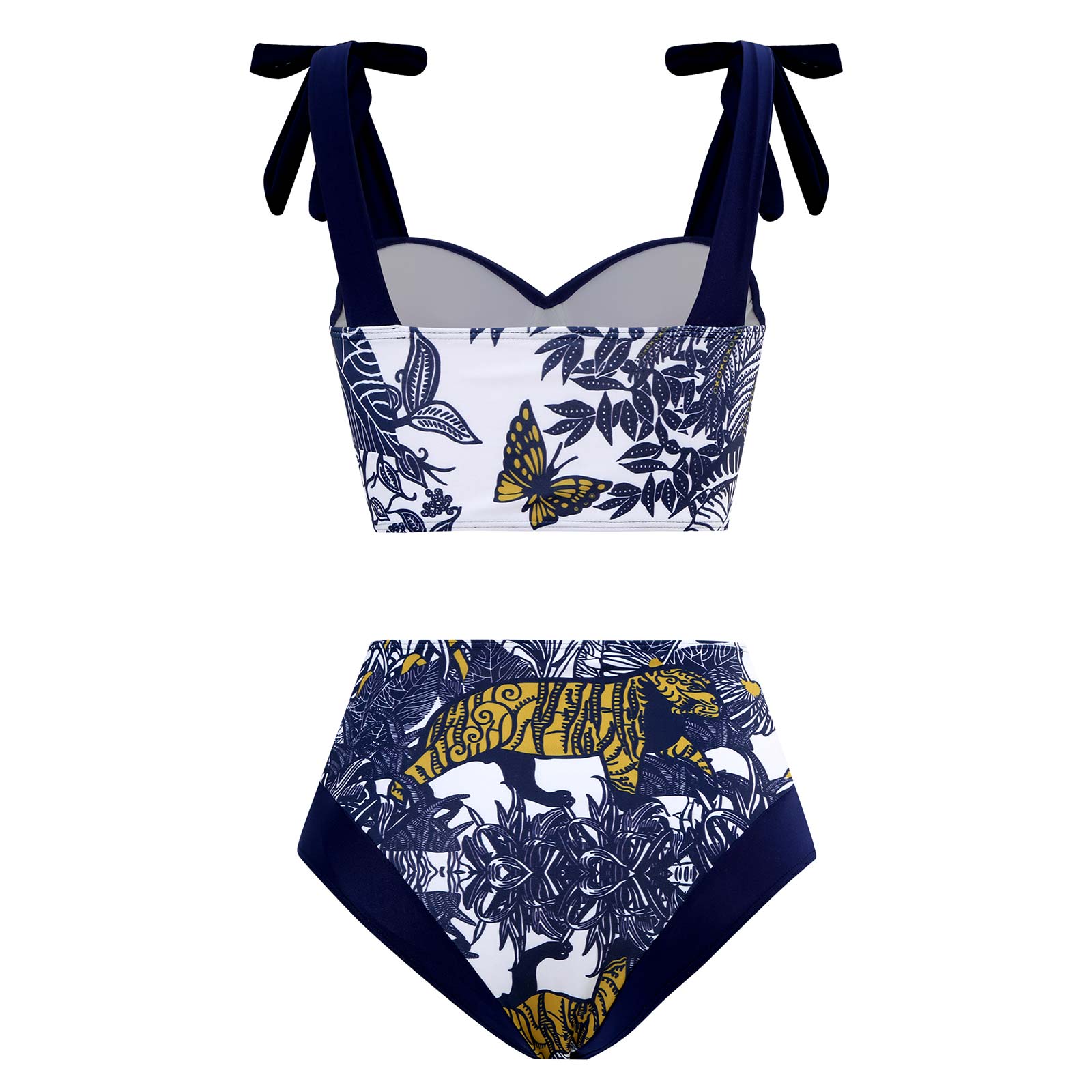 Navy and white bikini set with butterfly and tiger design on a white background