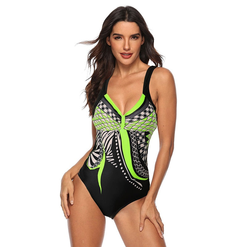 Vintage‑style push‑up printed swimsuit for women made of polyester and spandex, displayed on a plain background.