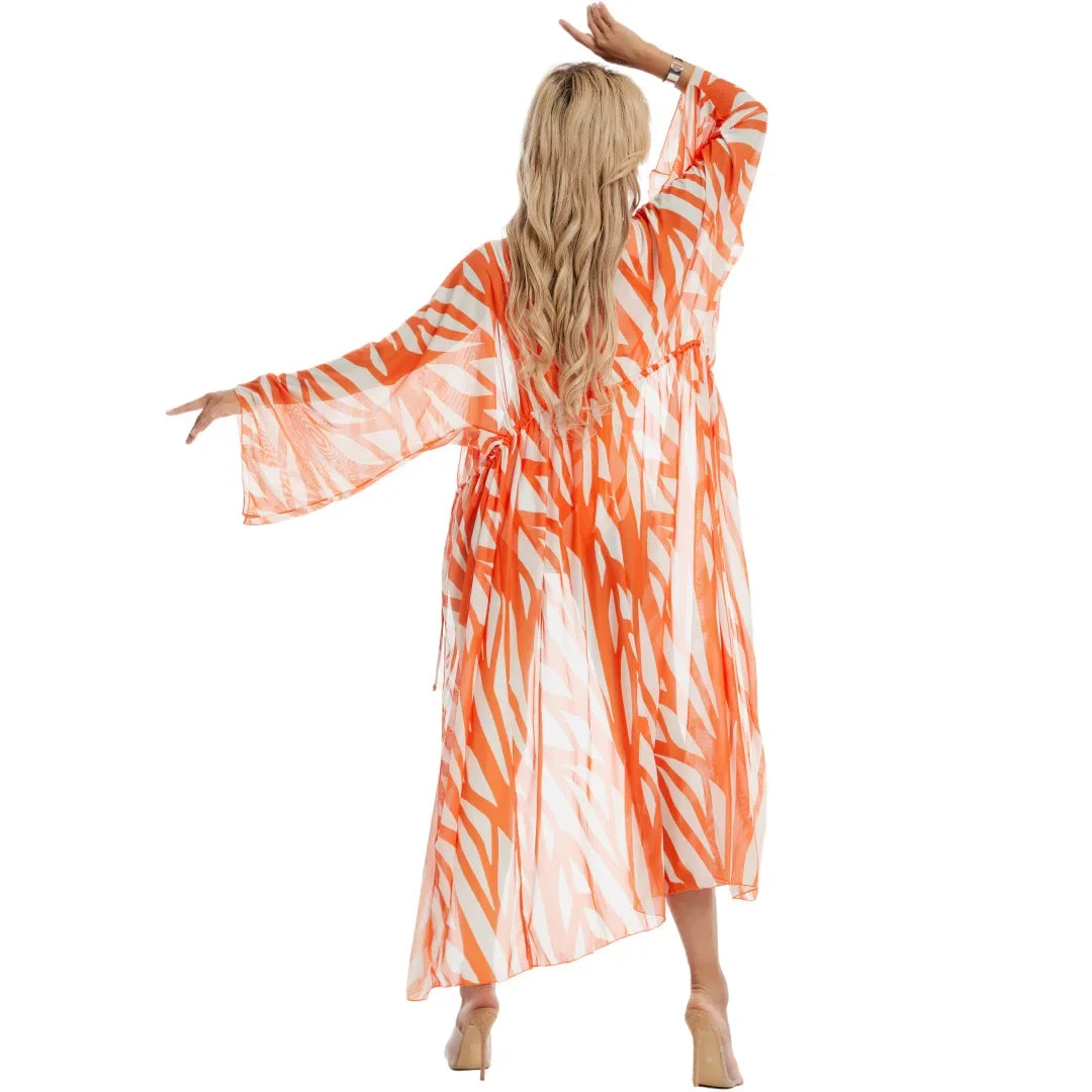 Orange Cream Stripe Printed Beachwear
