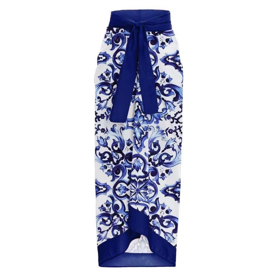 Porcelain floral print high‑cut leg for a vintage silhouette skirt cover-up.