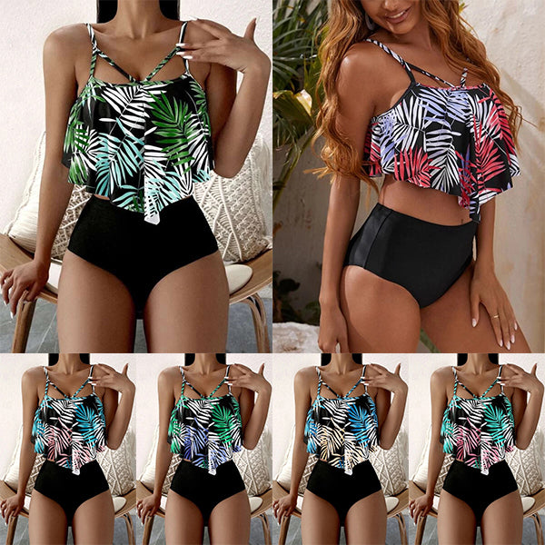 Jungle bikini top paired with a high-waist covered bottom.