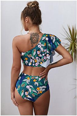 Women’s one‑shoulder swim dress with ruffled neckline.