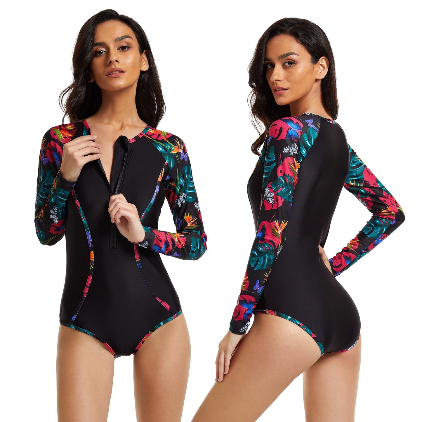 Woman wearing a black and blue patterned long-sleeve swimsuit on a white background