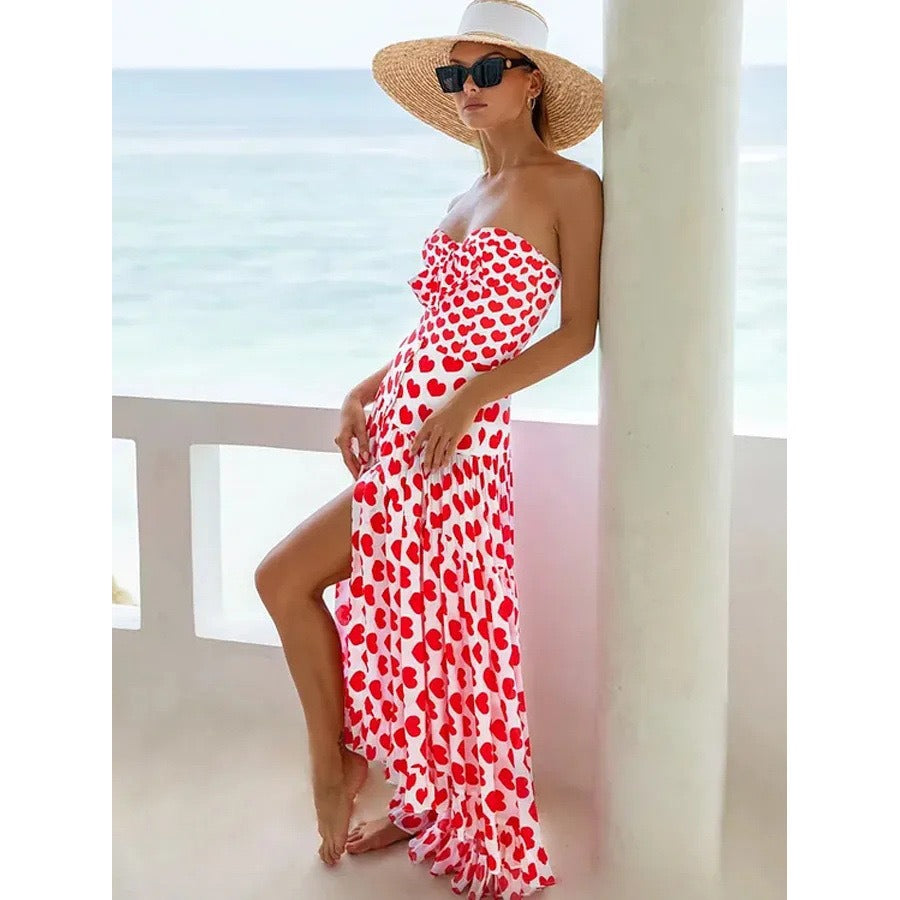 Retro printed one‑piece swimsuit with matching flowing skirt cover‑up; lightweight, semi‑sheer.