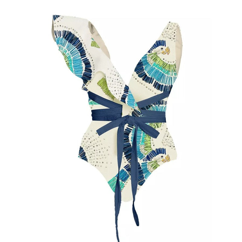 Blue Crushed Flowers two‑piece swimsuit set featuring lightweight quick‑drying material.
