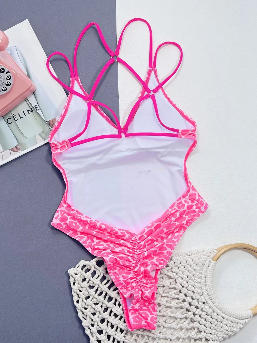 Pink leopard print one-piece swimsuit 