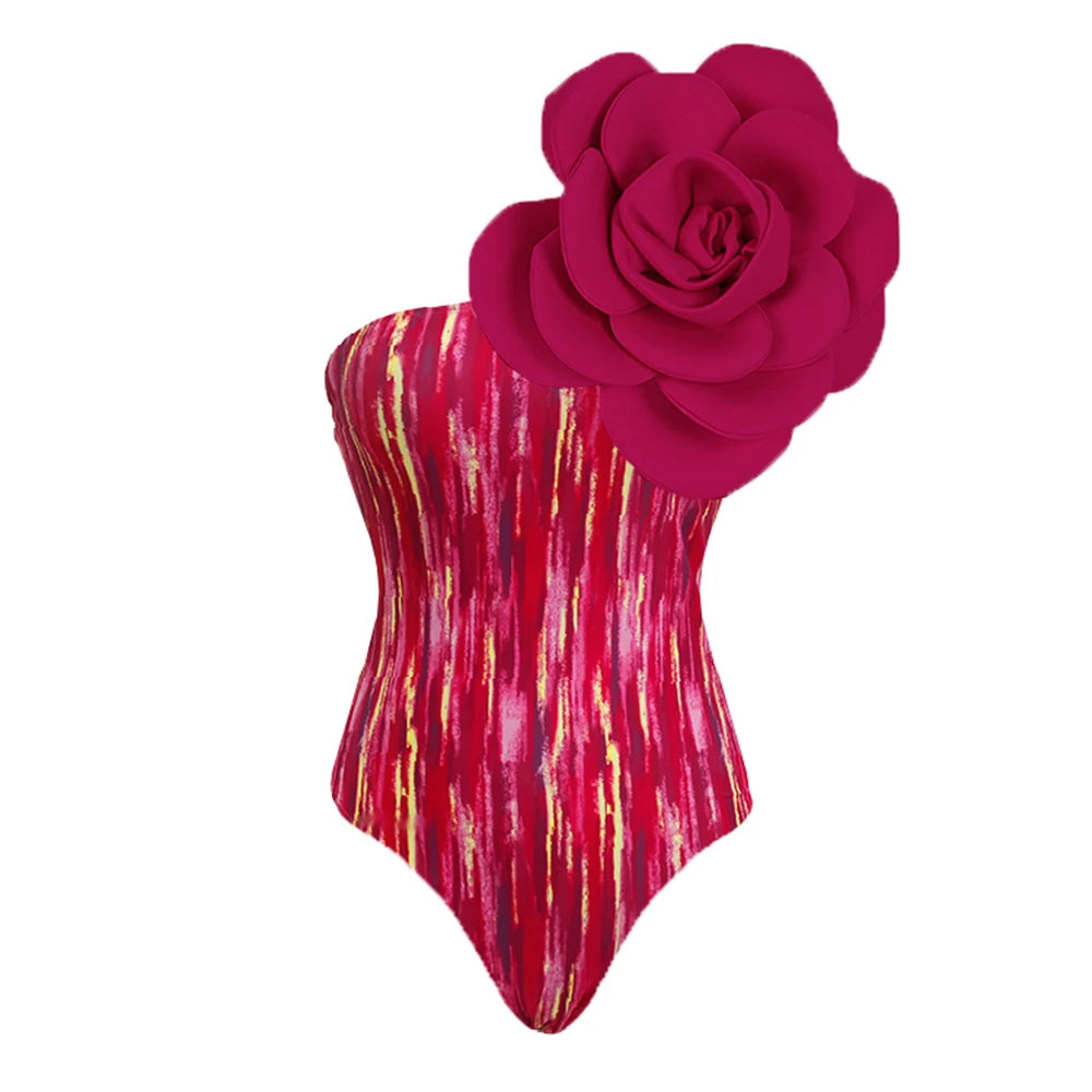 3 D print multicolored rose one-piece bikini  against a white background.