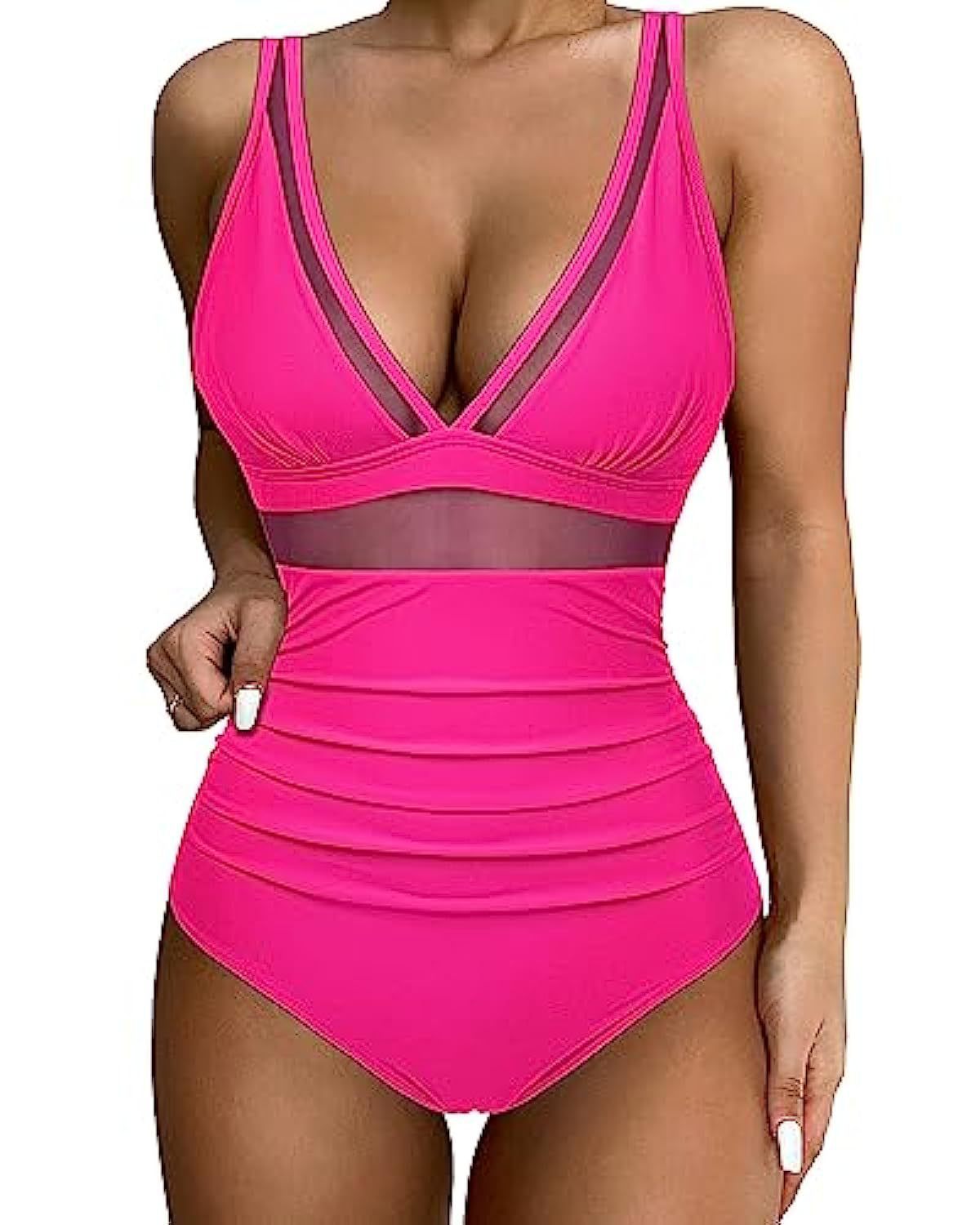 High‑waisted one‑piece swimsuit with mesh detailing, displayed on a clean studio background.