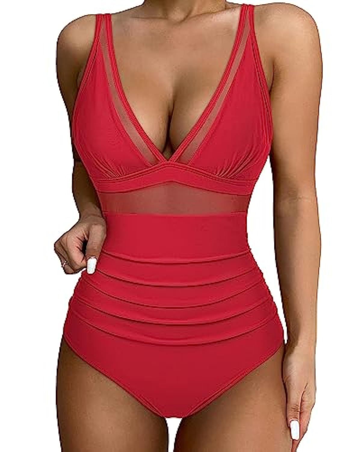 High‑waisted one‑piece swimsuit with mesh detailing, displayed on a clean studio background.