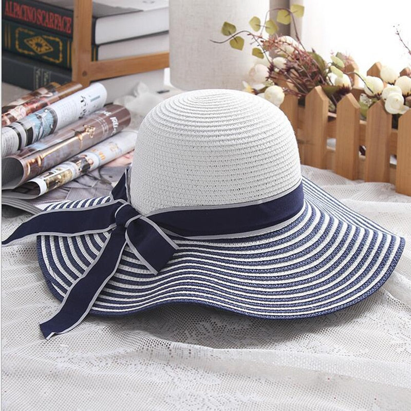 Women's Hepburn Striped Bowknot Summer Sun Hat
