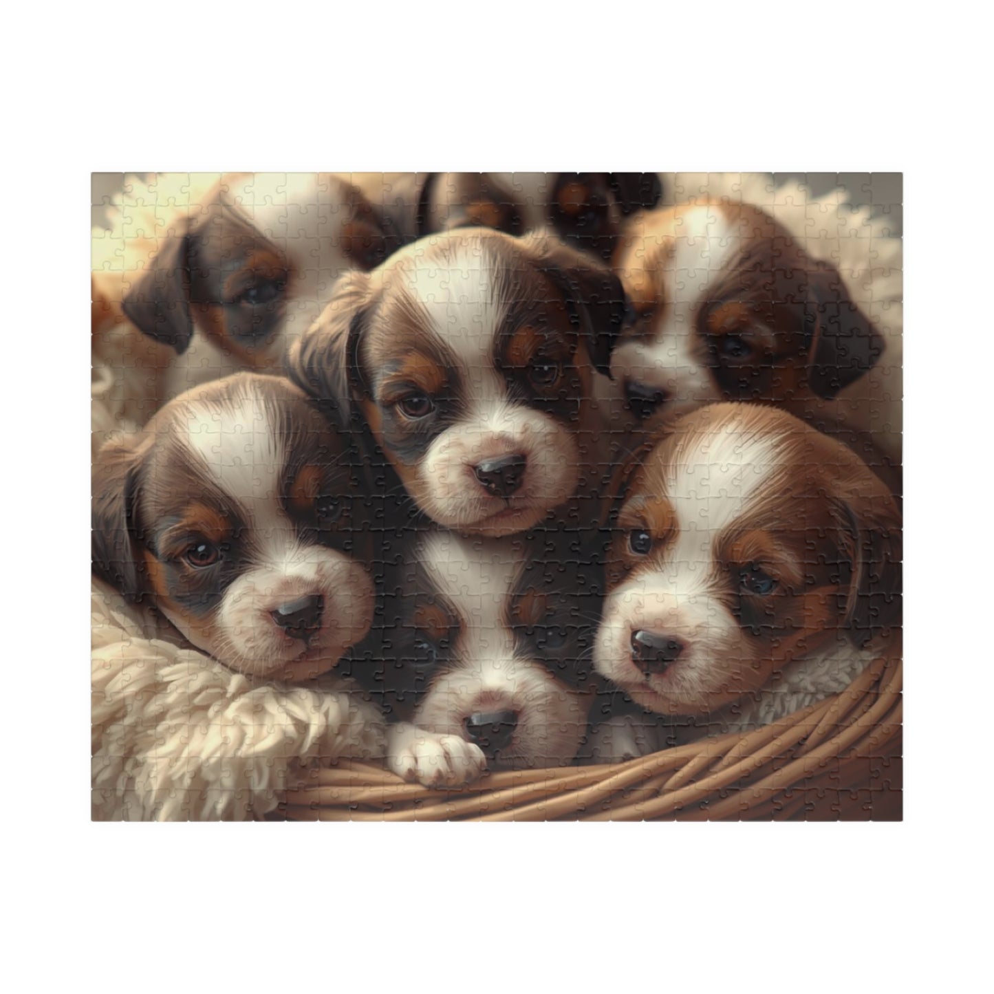 Group of puppies in a basket on a white background