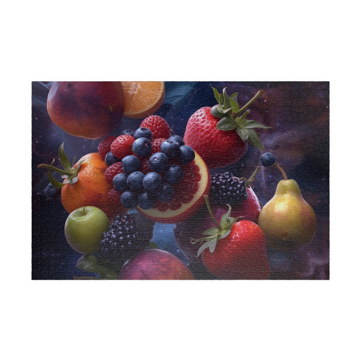 Assorted fruits including strawberries, blueberries, and pears on a dark background