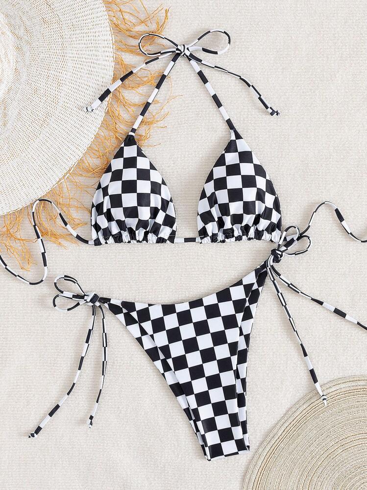 Checkered Lace-up Split Bikini swimsuit