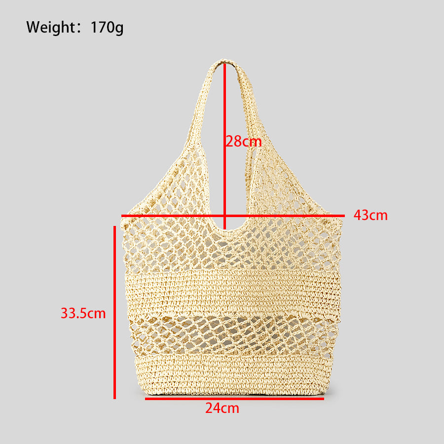 Beige woven bag with measurements on a gray background