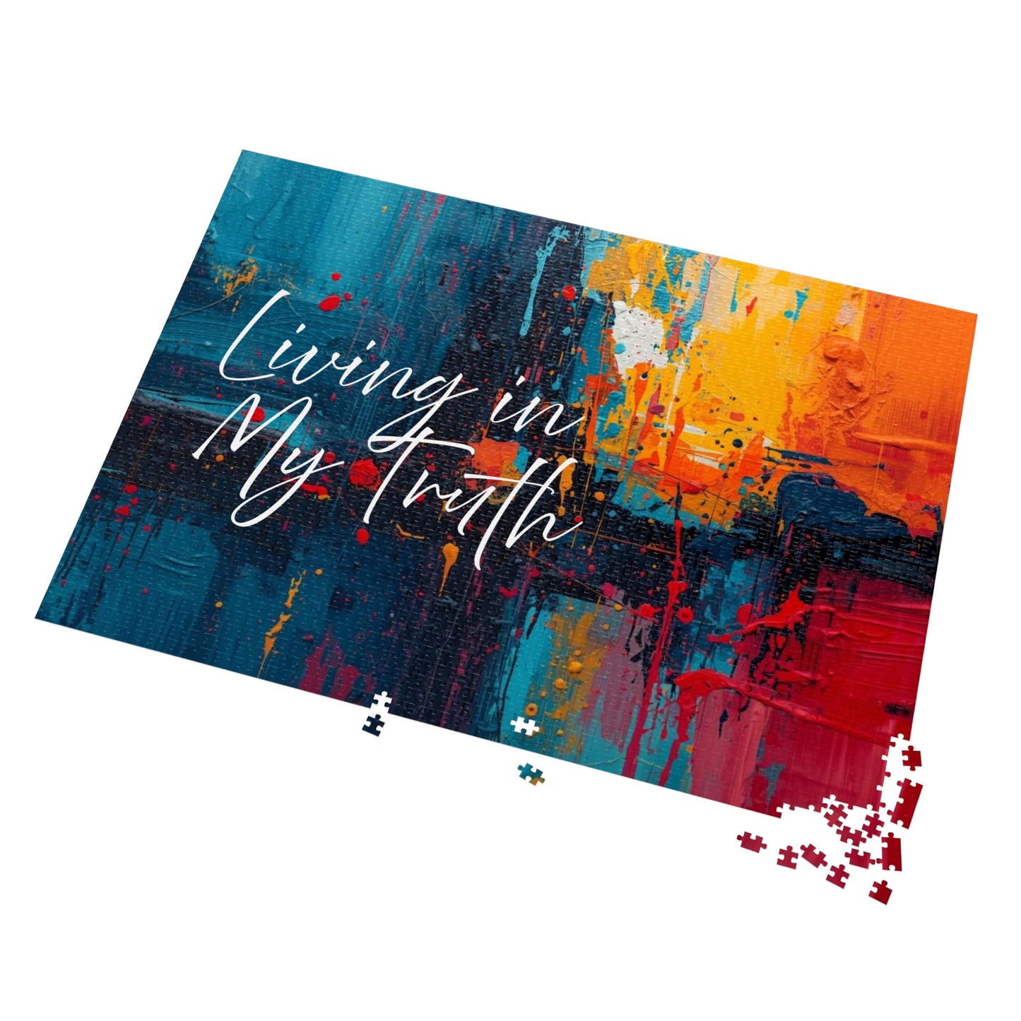 Colorful abstract puzzle with 'Living in My Truth' text on a white background