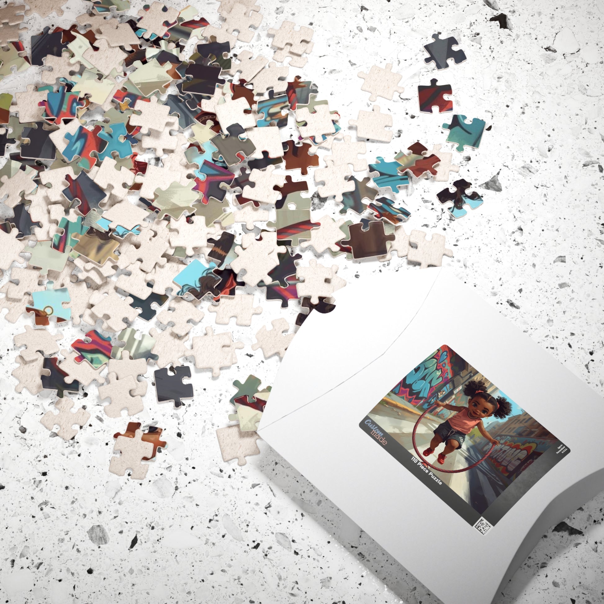 Jigsaw puzzle with a completed piece showing a child playing, on a speckled surface.