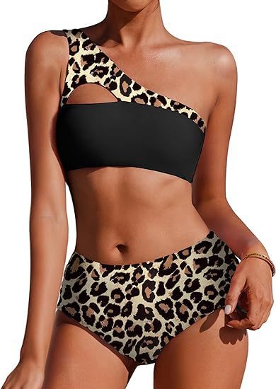 Black leopard stripes; single-shoulder top and high-rise bottom in polyester.