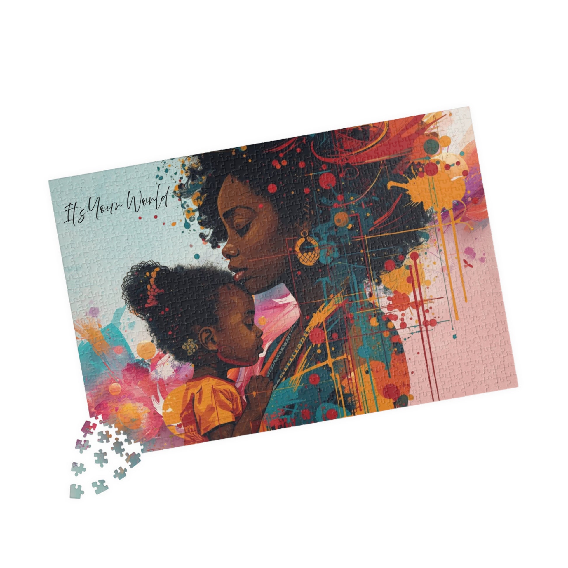 Colorful puzzle with an illustration of a woman and child, featuring the text 'It's Your World'.