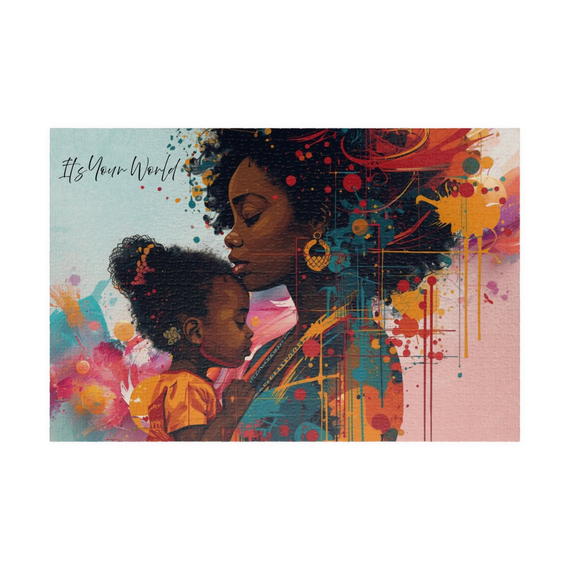 Colorful artwork of a woman and child with abstract design and text 'It's Your World'.