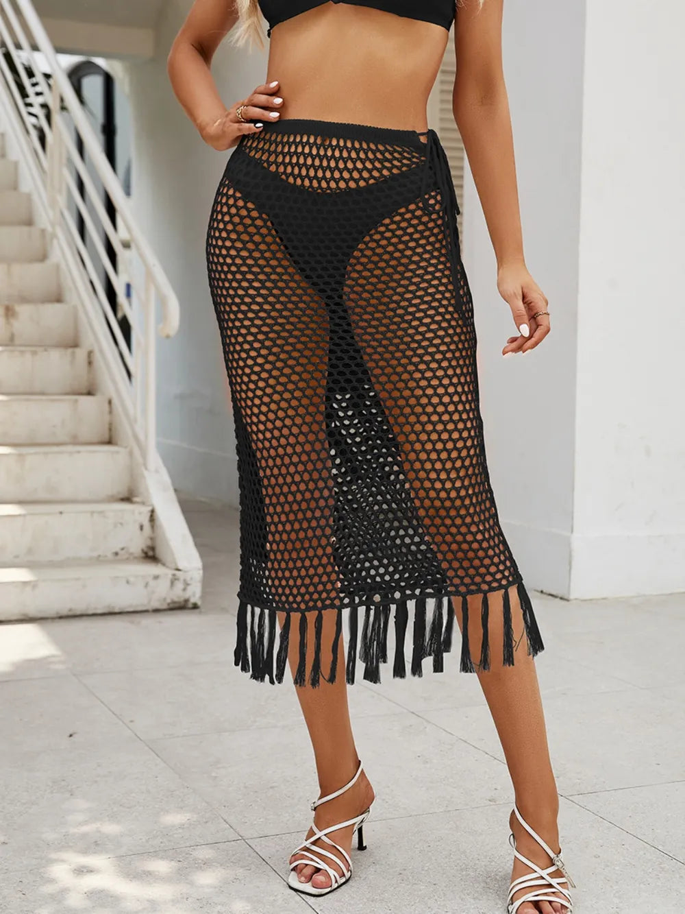 Knitted black cut-out bikini bottom skirt coverup