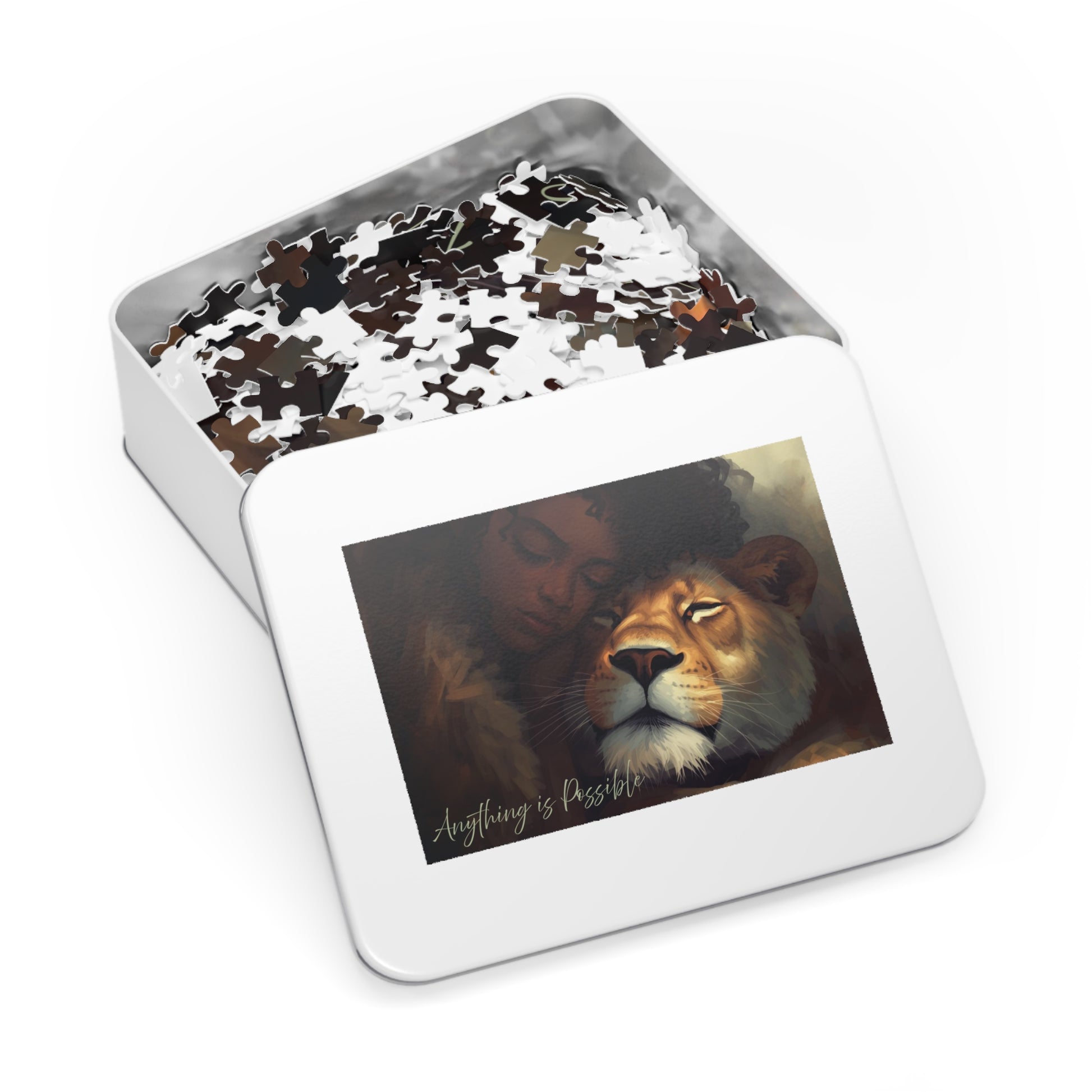 Jigsaw puzzle in a tin box with a picture of a woman and a lion on the lid.