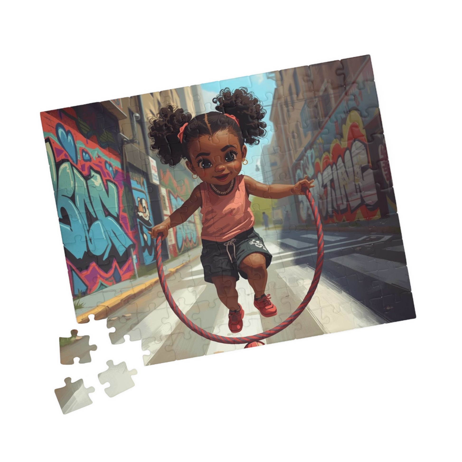 Puzzle with a child playing with a hula hoop in an urban setting with graffiti.