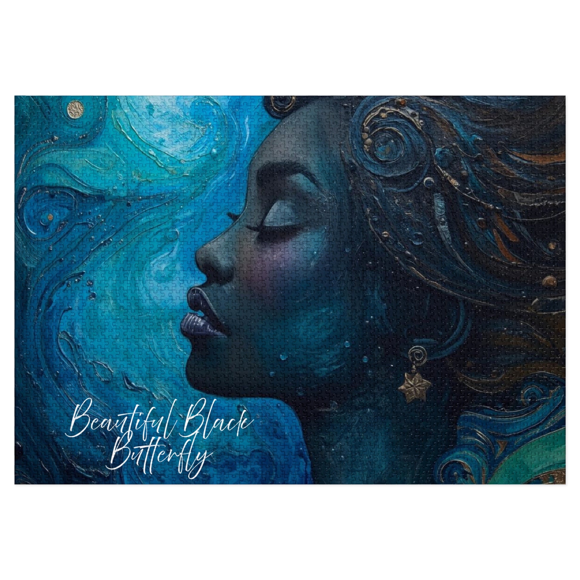 Artistic depiction of a woman's profile with decorative elements and 'Beautiful Black Butterfly' text.