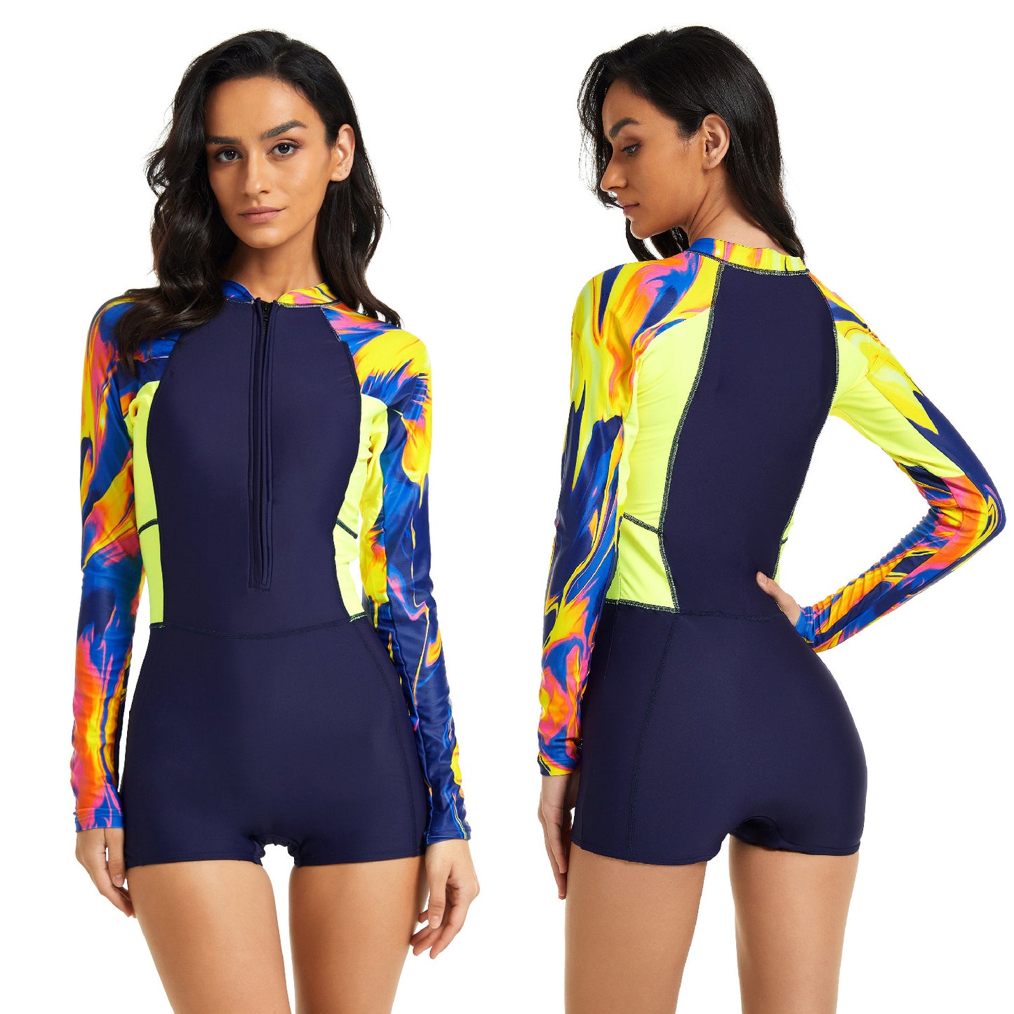 One-piece long sleeve surfing wetsuit with chest pad, displayed flat to show full length and sleeve coverage.