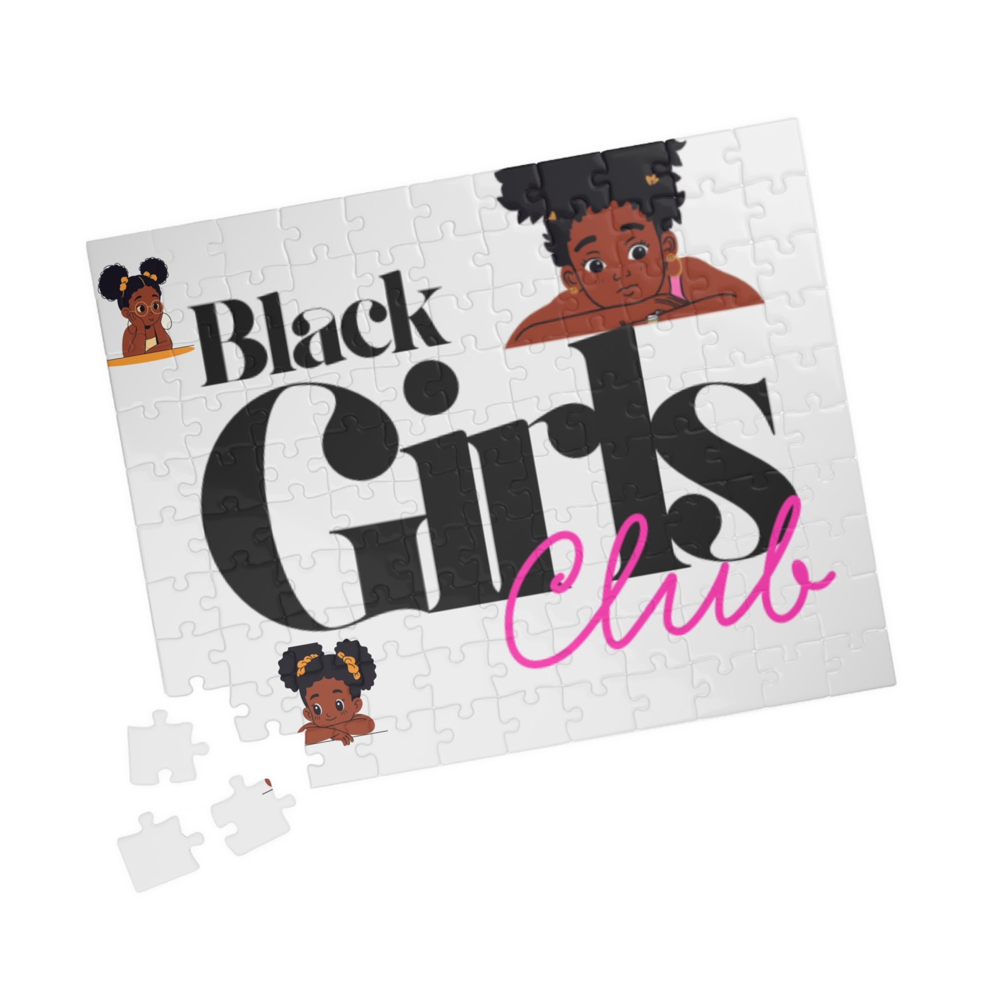 Puzzle with 'Black Girls Club' text and illustrations on a white background