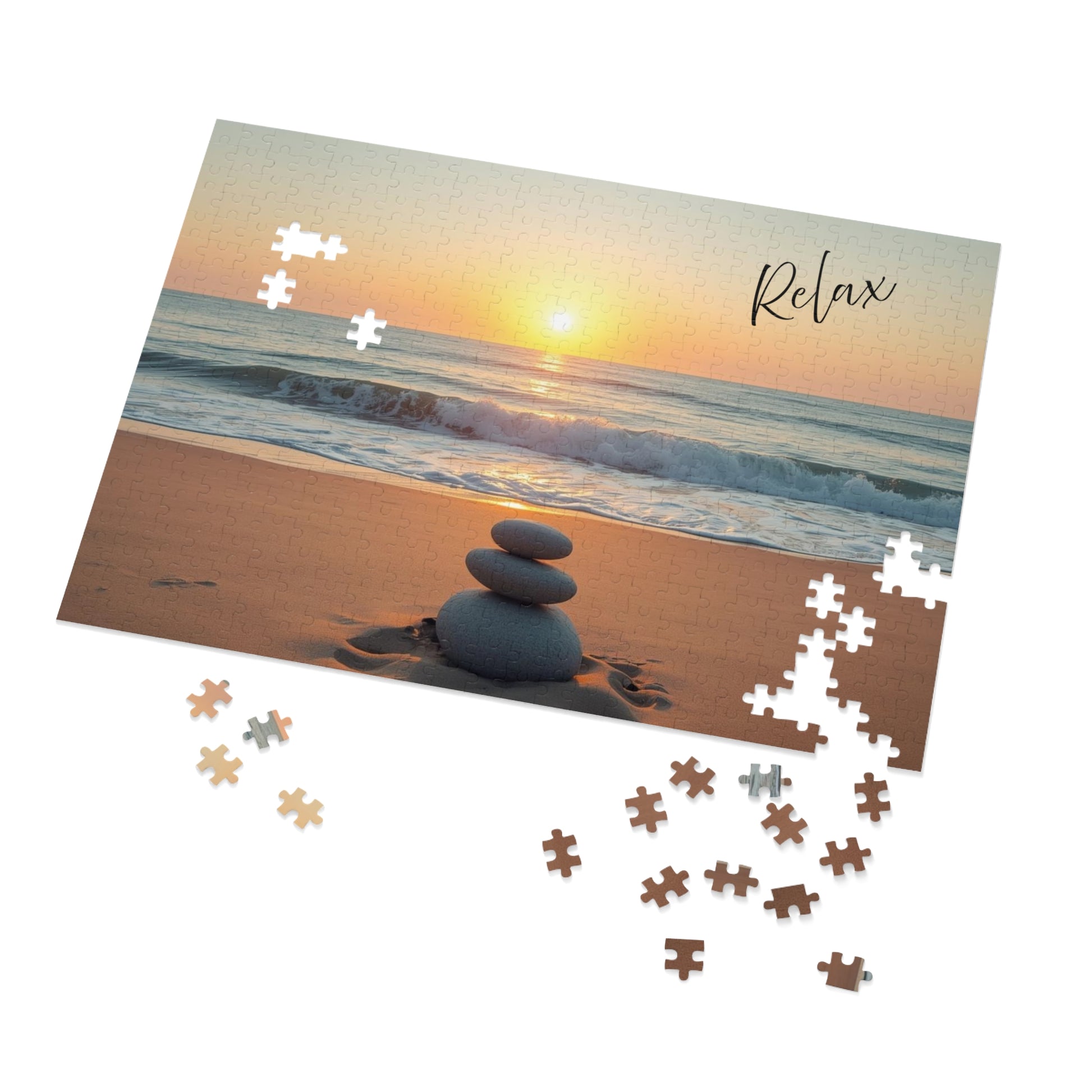 Puzzle with a beach scene and 'Relax' text, featuring completed pieces and missing ones.