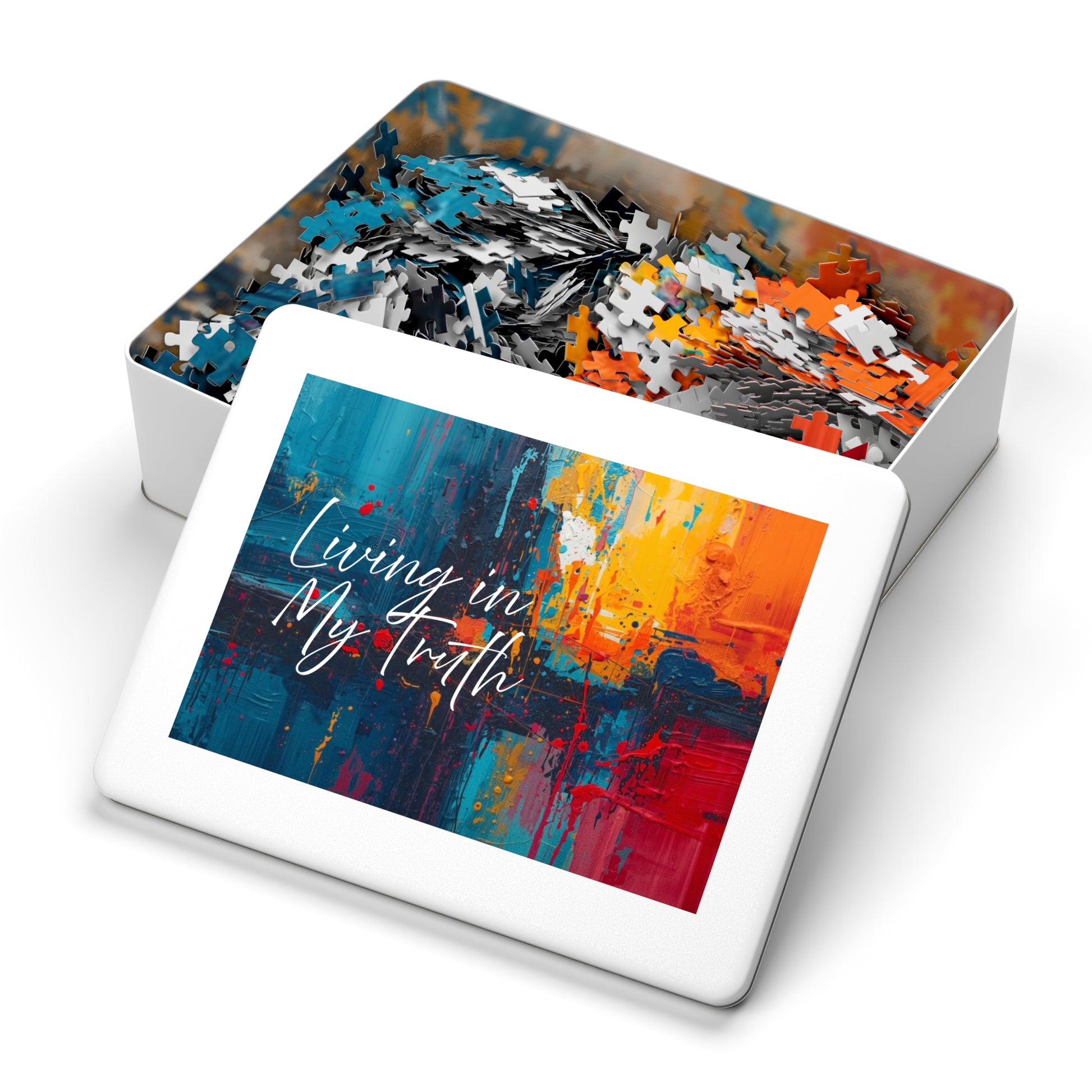 Colorful abstract design with 'Living in My Truth' text on a white box.