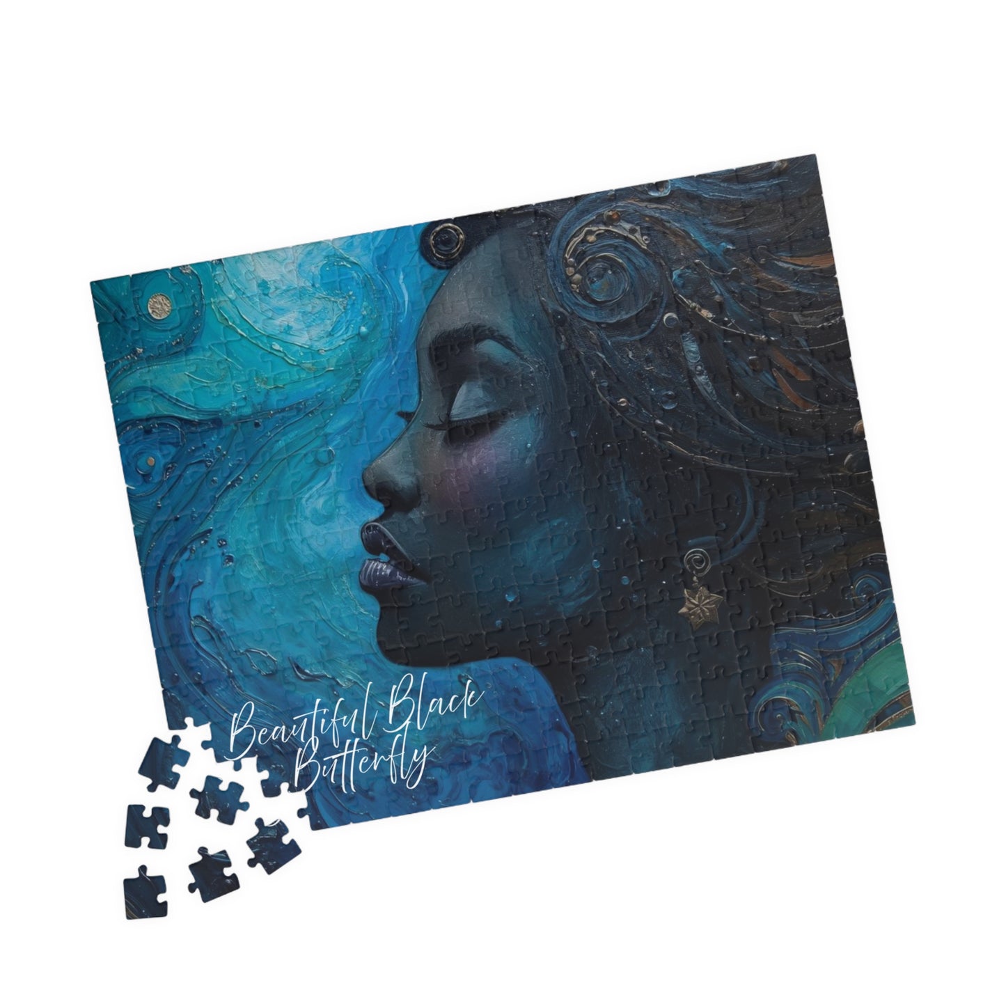 Jigsaw puzzle with a blue and black artistic design of a woman's face on a white background.
