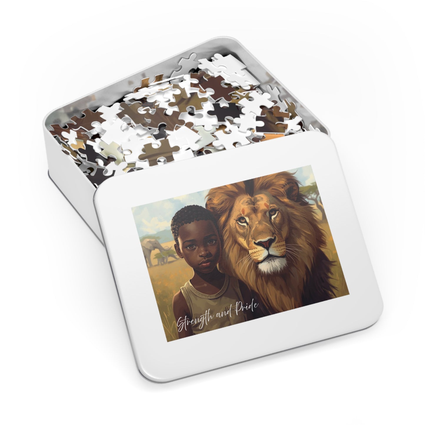 Jigsaw puzzle in a tin box with an image of a boy and a lion on the lid.