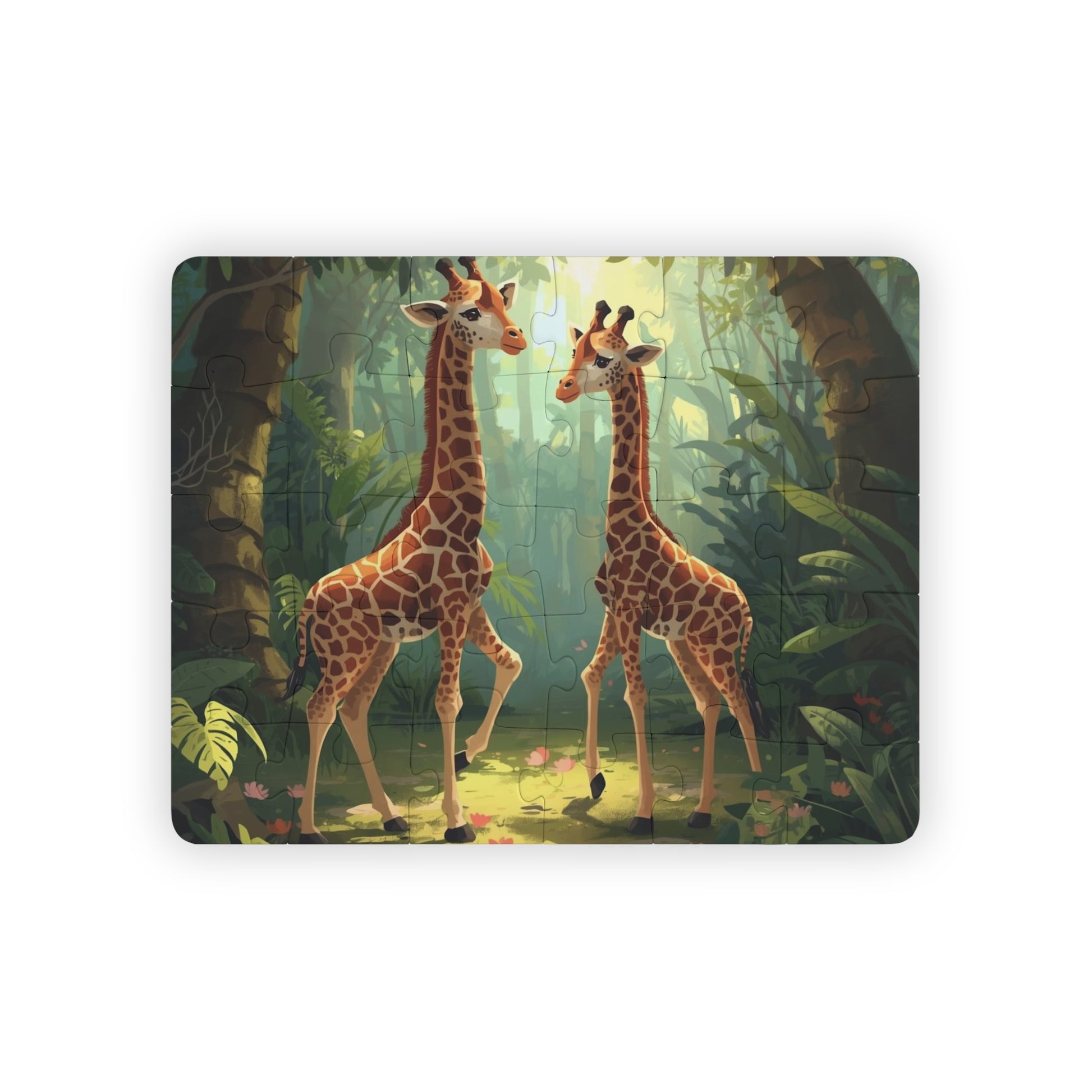 Jigsaw puzzle with two giraffes in a jungle setting on a white background