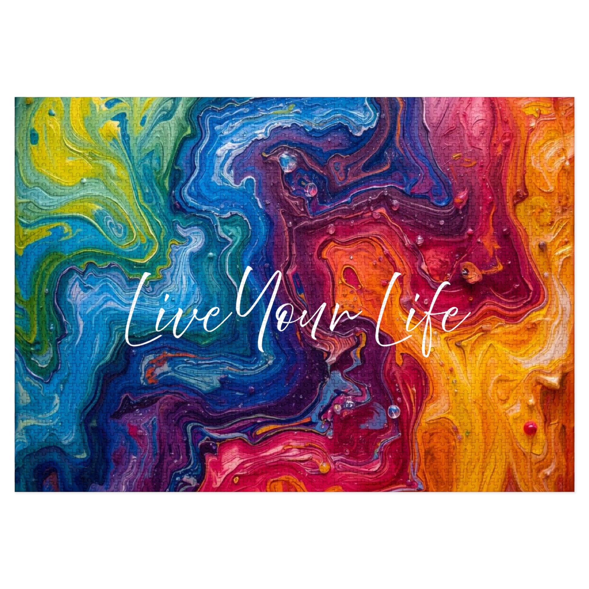 Colorful abstract painting with 'Live Your Life' text