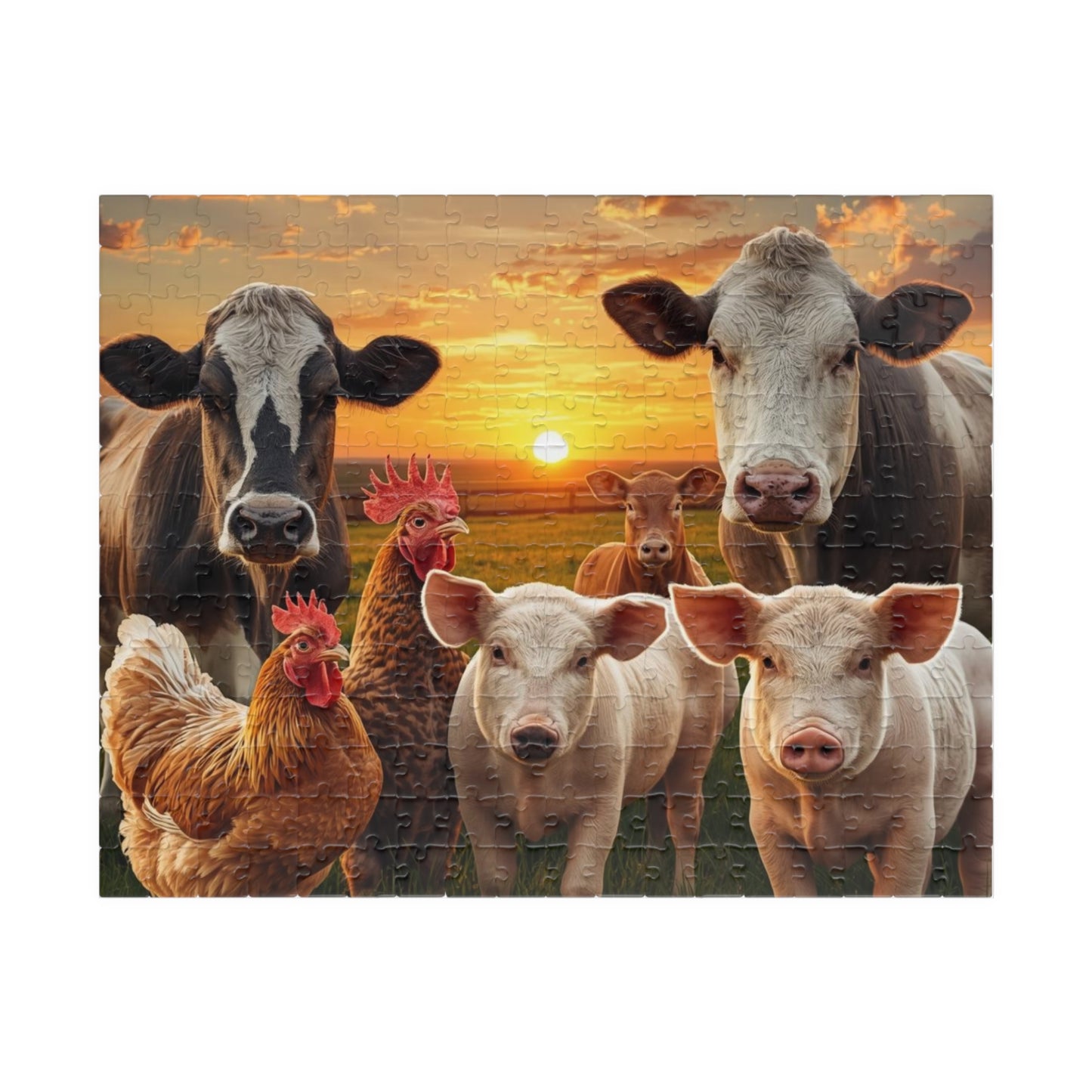 Jigsaw puzzle with farm animals including cows, chickens, and pigs against a sunset background