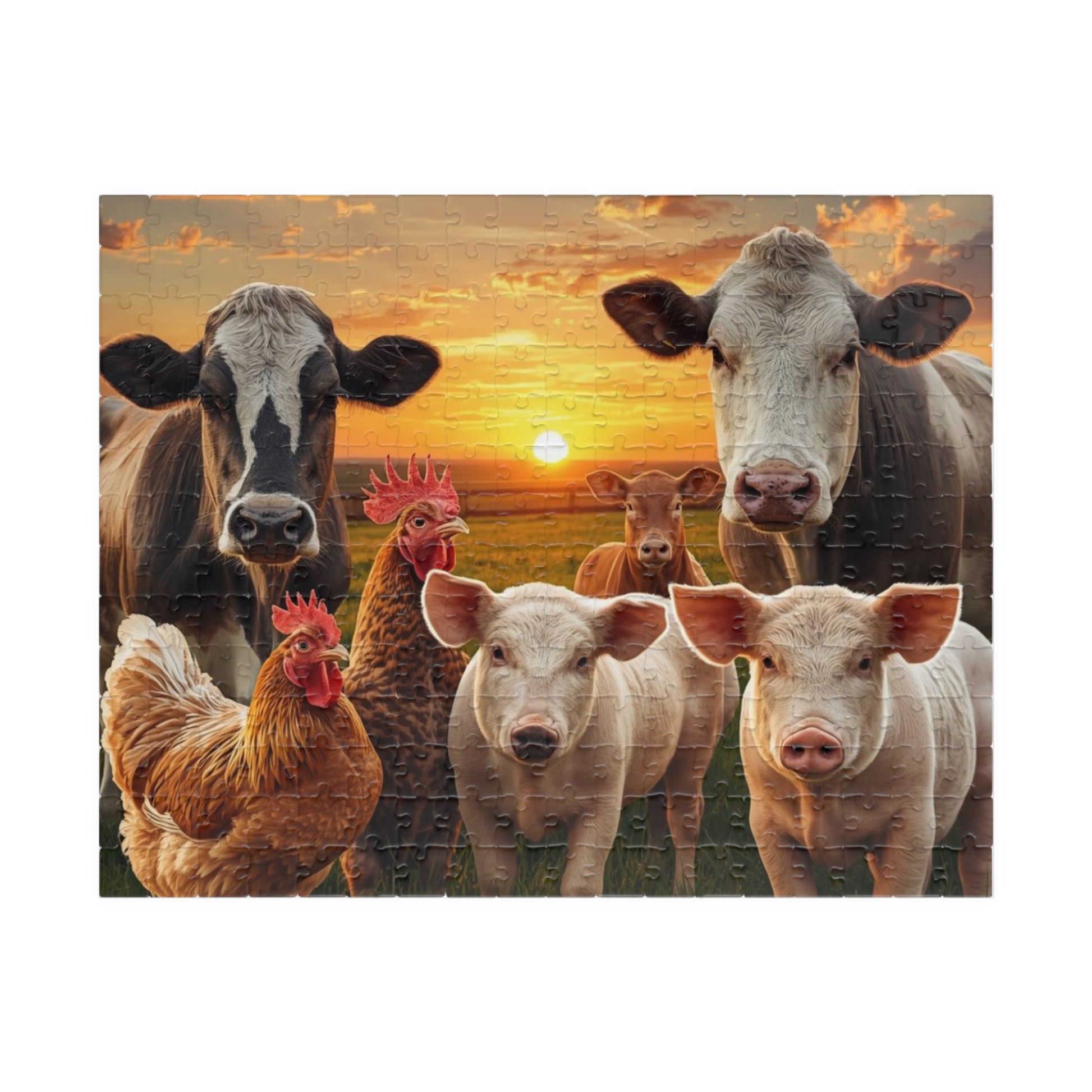Jigsaw puzzle with farm animals including cows, chickens, and pigs against a sunset background