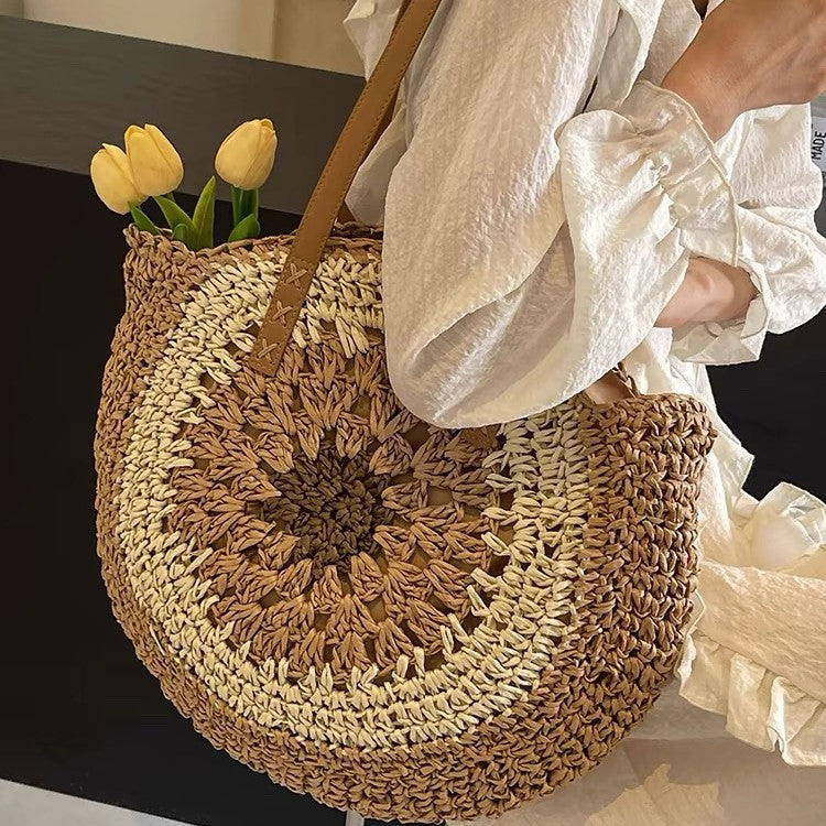 Women's Round Rope Hollow Beige Woven Casual Beach Shoulder Fashionable Bag