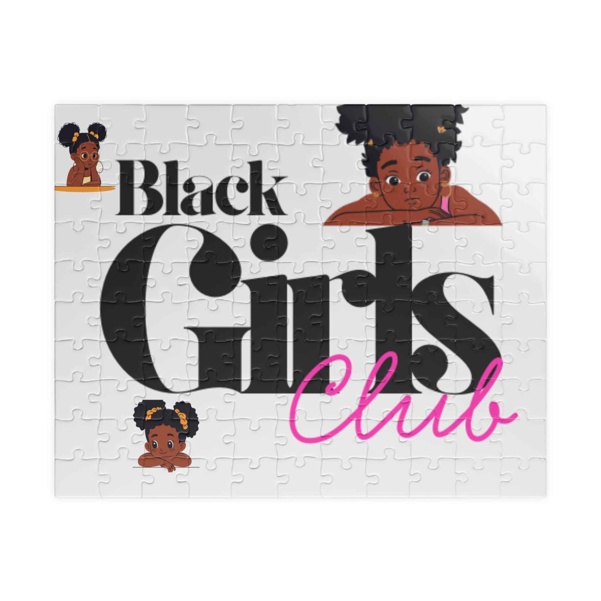 Puzzle with 'Black Girls Club' text and illustrations of three girls on a white background