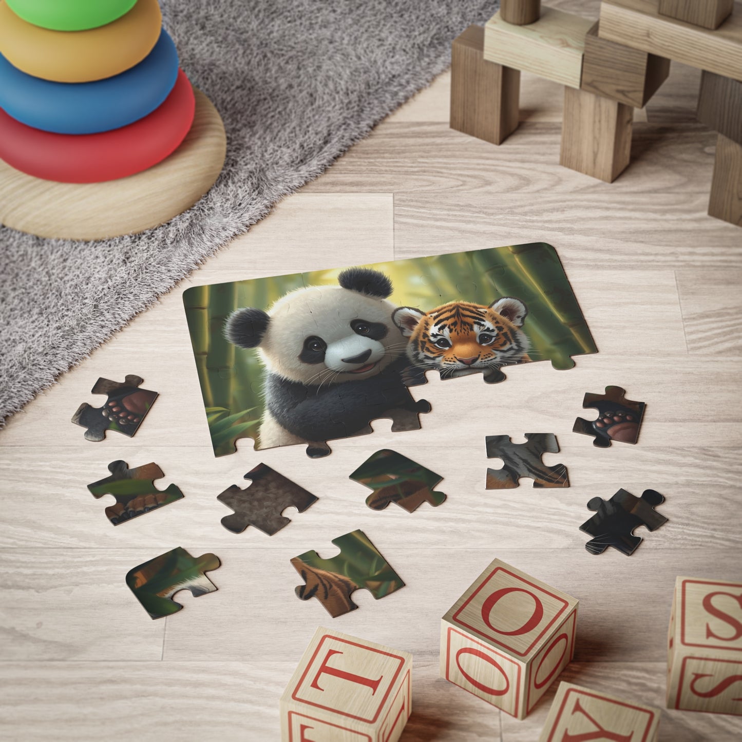 Children's puzzle with panda and tiger design on a wooden floor with toys around