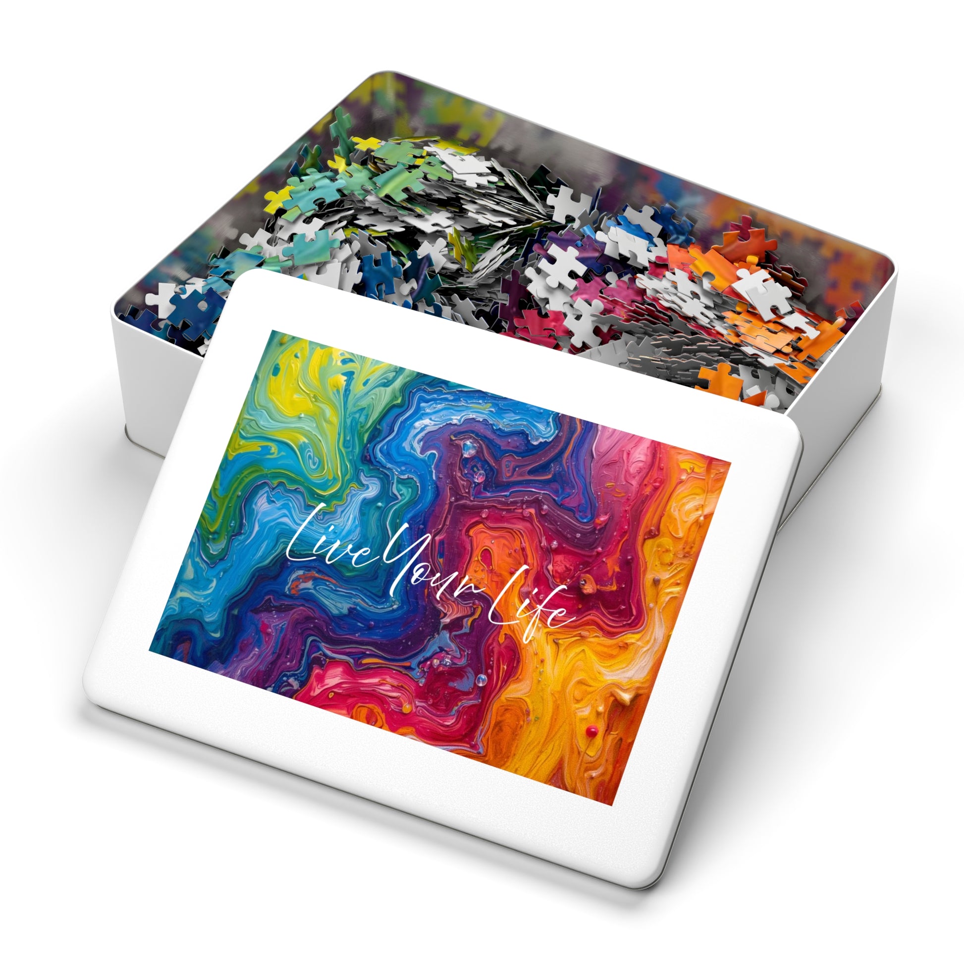 Colorful puzzle with 'Live Your Life' text in a decorative box on a white background