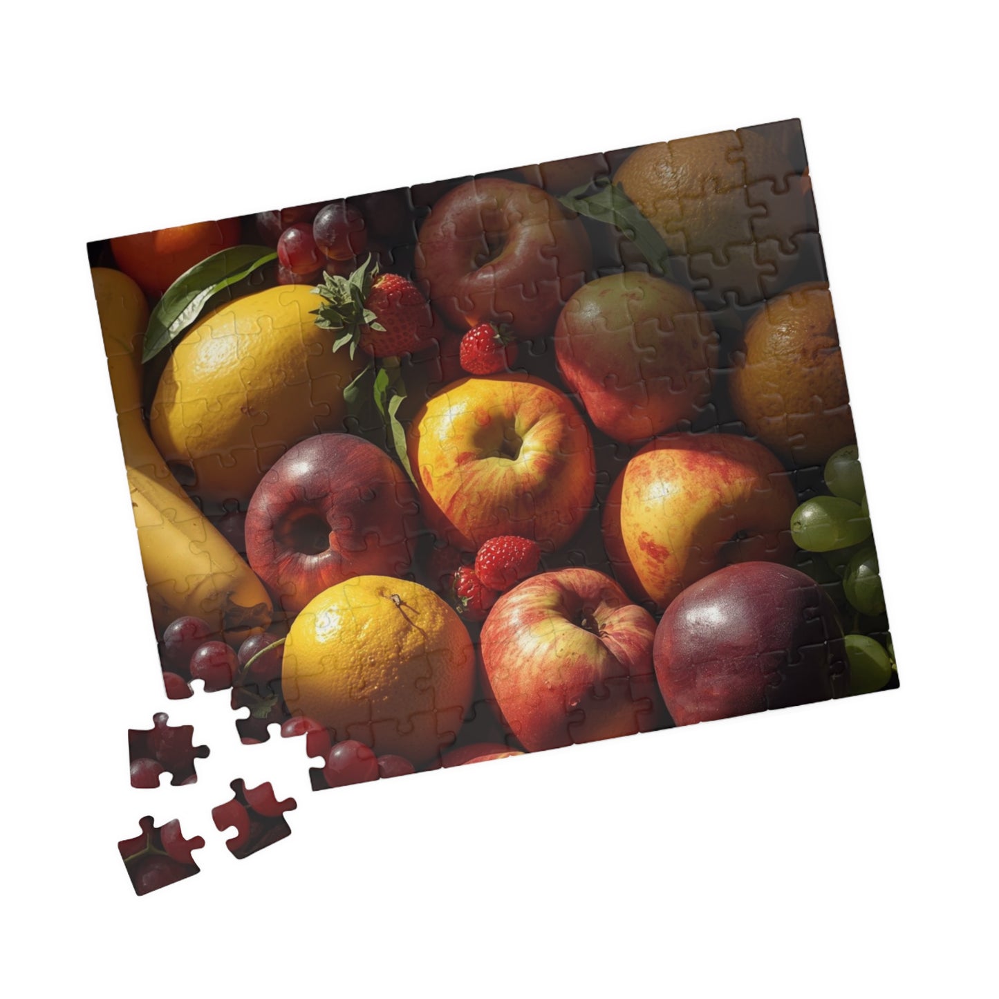 Fruit-themed puzzle with missing pieces on a white background