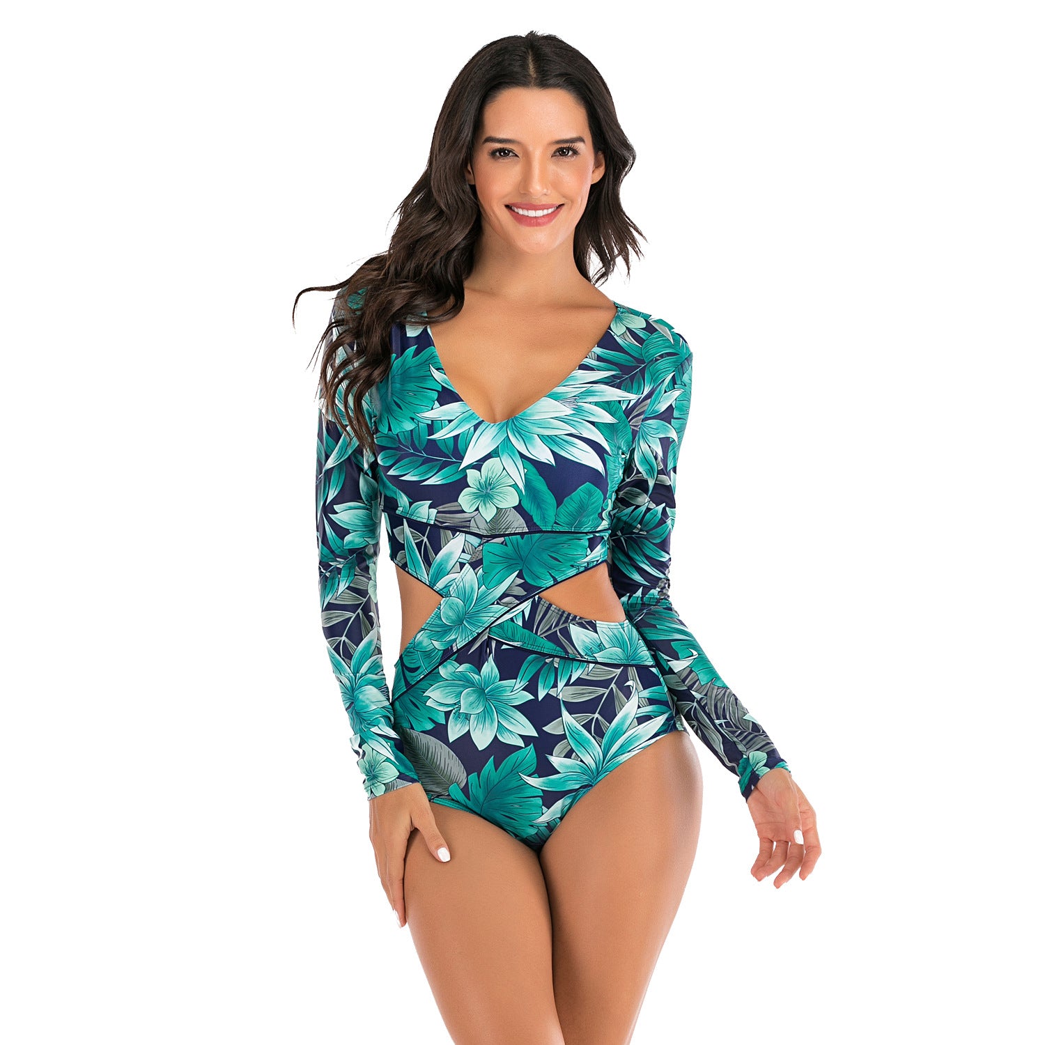 Woman wearing a floral cut-out swimsuit sold at PeachyBeanz.