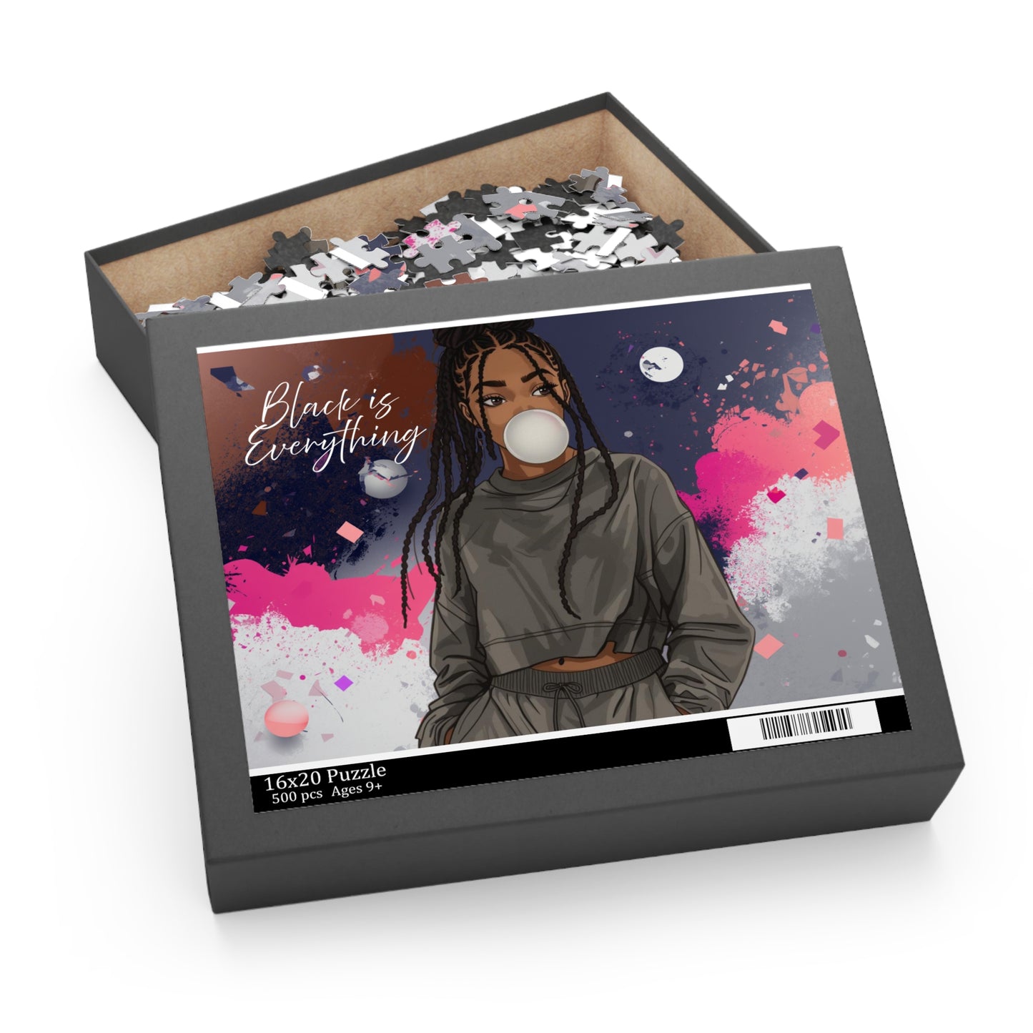Jigsaw puzzle box with a colorful illustration of a person on the cover