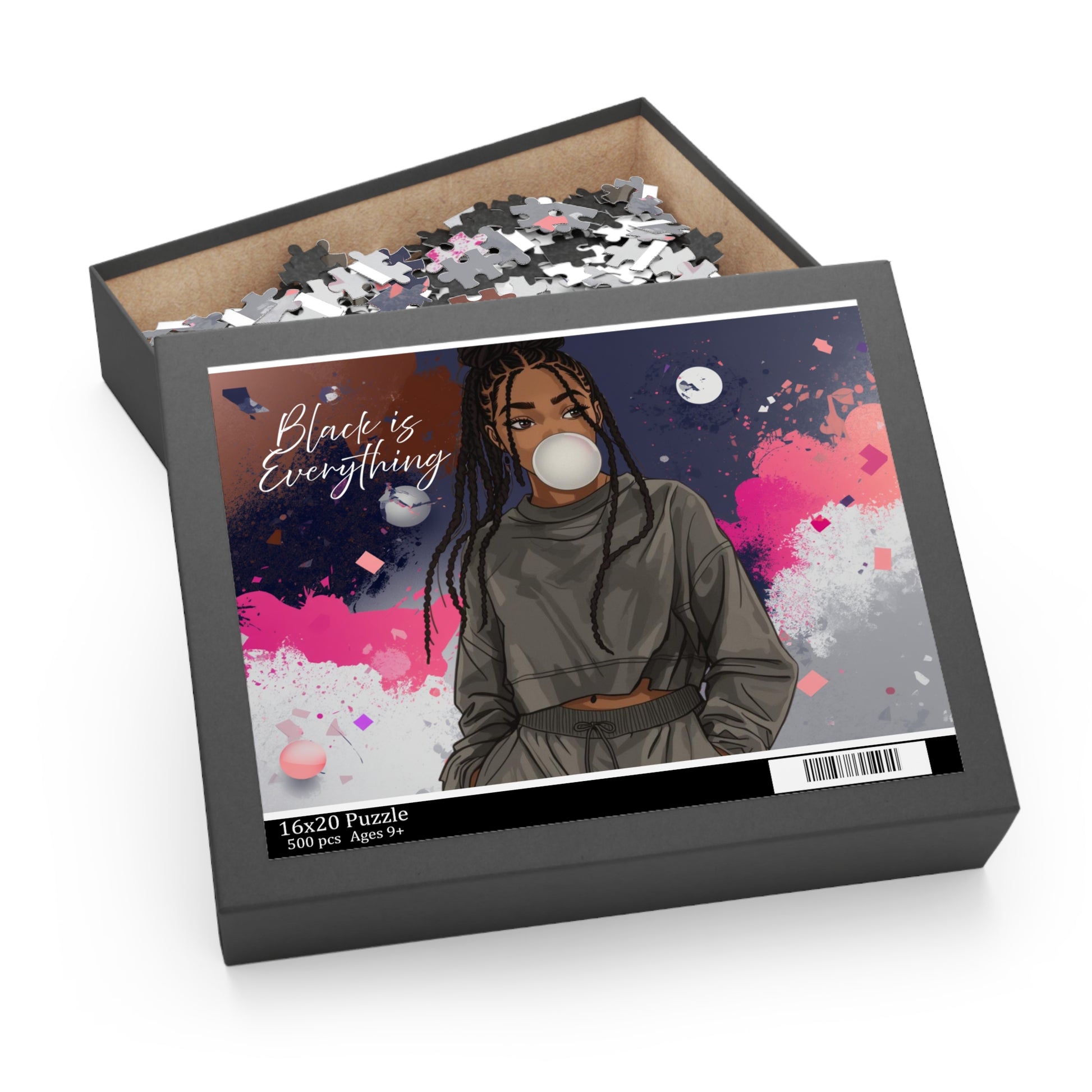 Jigsaw puzzle box with a colorful illustration of a person on the cover