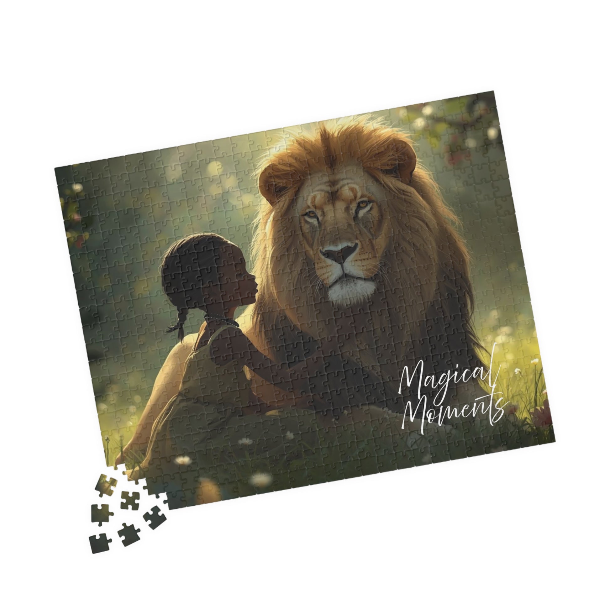 Jigsaw puzzle with a lion and child illustration and 'Magical Moments' text.