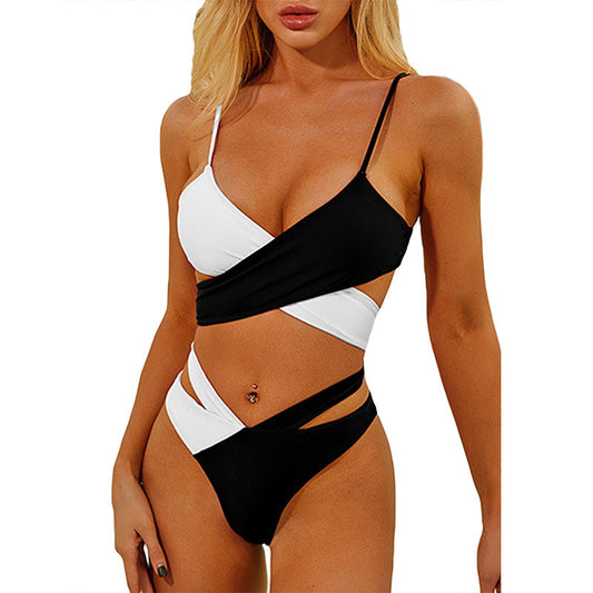 Women’s bandage one‑piece with colorblock panels.