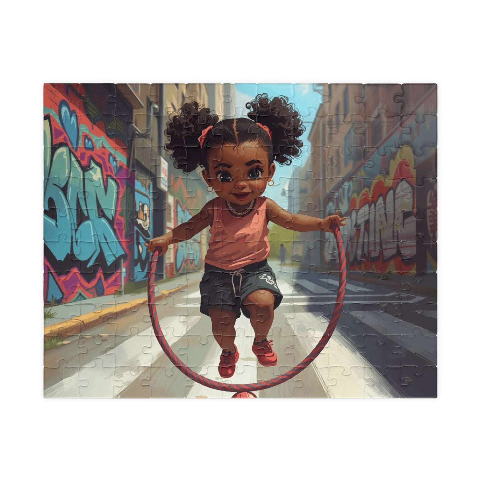 Jigsaw puzzle with a child holding a hula hoop against a graffiti-covered wall.